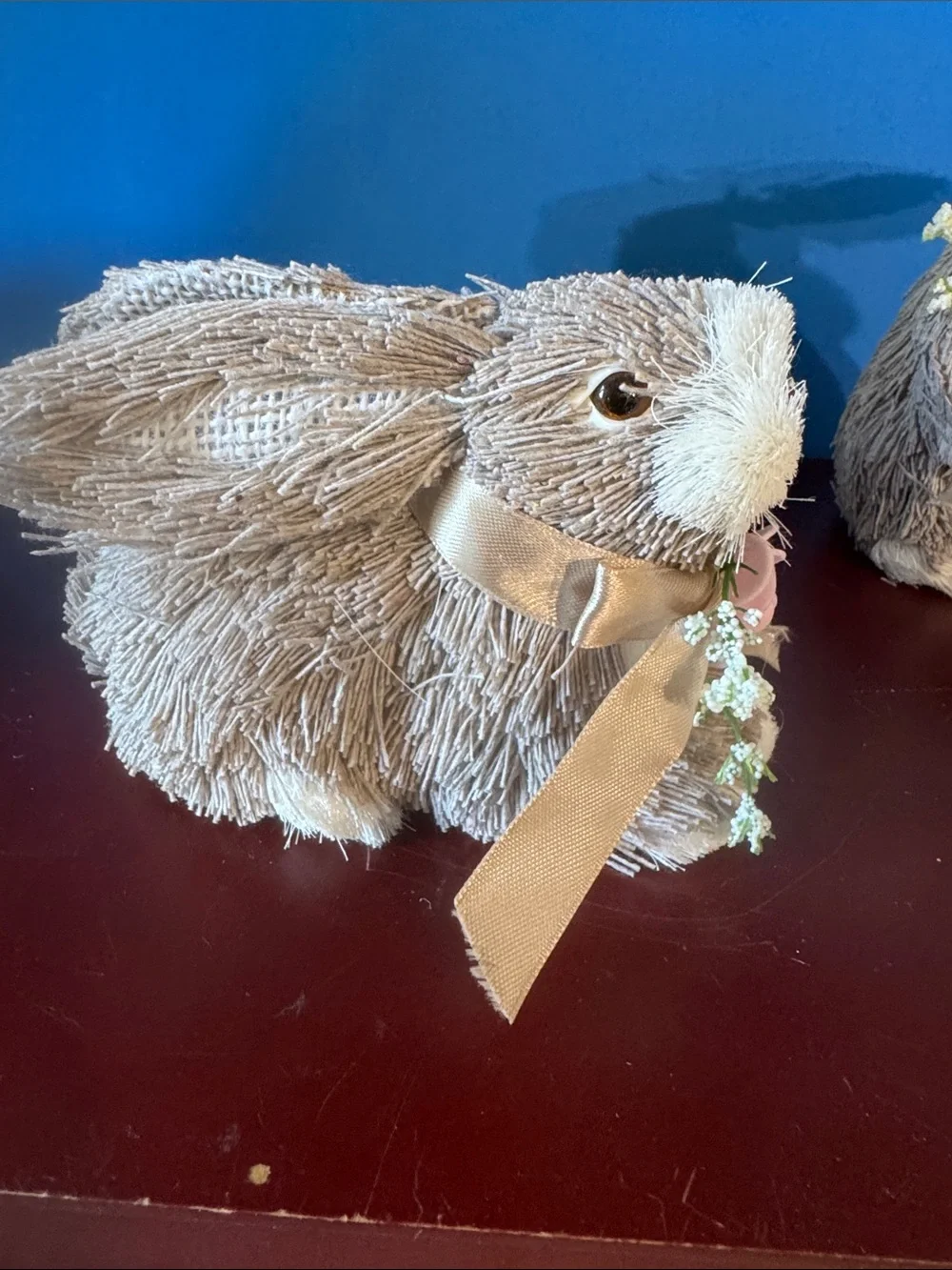 Pair of Easter Bunny Plush Figurines with Pink Rose Accents - Taupe